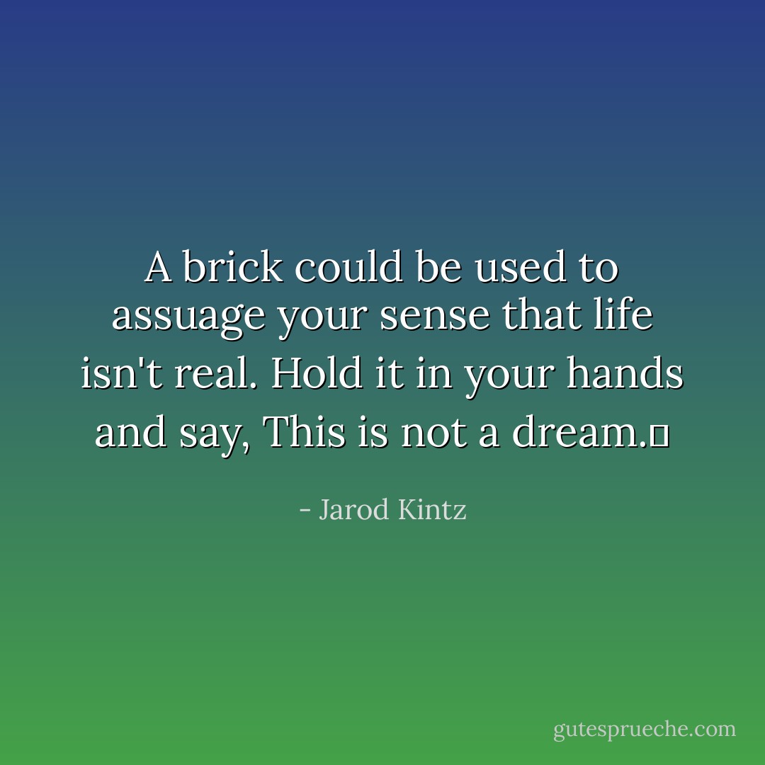 A brick could be used to assuage your sense that life isn't real. Hold it in your hands and say, This is not a dream.  - Jarod Kintz