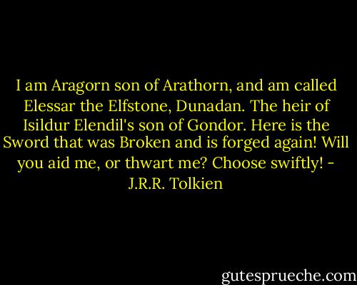 I am Aragorn son of Arathorn, and am called Elessar the Elfstone, Dunadan. The heir of Isildur Elendil's son of Gondor. Here is the Sword that was Broken and is forged again! Will you aid me, or thwart me? Choose swiftly! - J.R.R. Tolkien