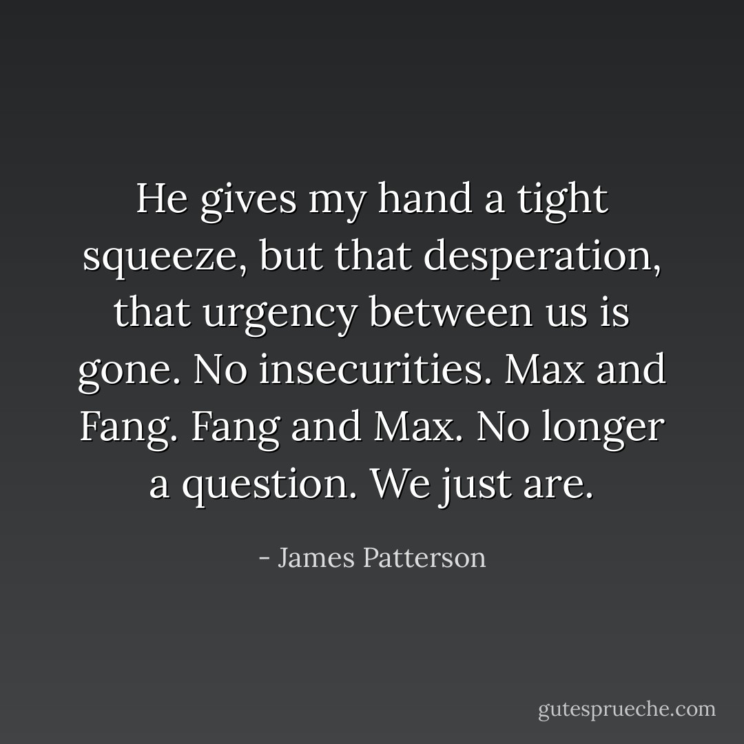 He gives my hand a tight squeeze, but that desperation, that urgency between us is gone. No insecurities. Max and Fang. Fang and Max. No longer a question. We just are. - James Patterson