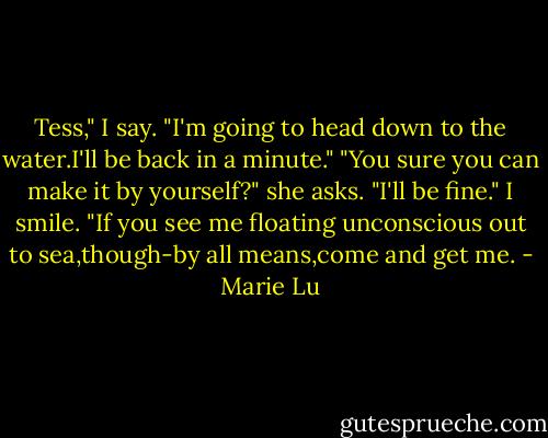 Tess," I say. "I'm going to head down to the water.I'll be back in a minute."<br />"You sure you can make it by yourself?" she asks.<br />"I'll be fine." I smile. "If you see me floating unconscious out to sea,though-by all means,come and get me. - Marie Lu