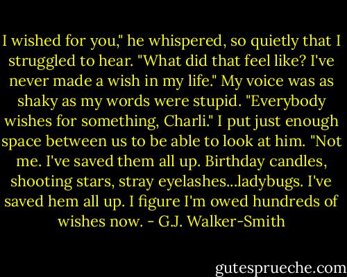 I wished for you," he whispered, so quietly that I struggled to hear.<br />"What did that feel like? I've never made a wish in my life." My voice was as shaky as my words were stupid.<br />"Everybody wishes for something, Charli."<br />I put just enough space between us to be able to look at him. "Not me. I've saved them all up. Birthday candles, shooting stars, stray eyelashes...ladybugs. I've saved hem all up. I figure I'm owed hundreds of wishes now. - G.J. Walker-Smith
