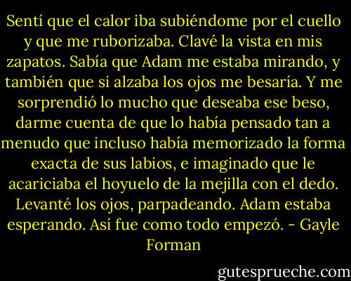Sentí que el calor iba subiéndome por el cuello y que me ruborizaba. Clavé la vista en mis zapatos. Sabía que Adam me estaba mirando, y también que si alzaba los ojos me besaría. Y me sorprendió lo mucho que deseaba ese beso, darme cuenta de que lo había pensado tan a menudo que incluso había memorizado la forma exacta de sus labios, e imaginado que le acariciaba el hoyuelo de la mejilla con el dedo.<br />Levanté los ojos, parpadeando. Adam estaba esperando. Así fue como todo empezó. - Gayle Forman