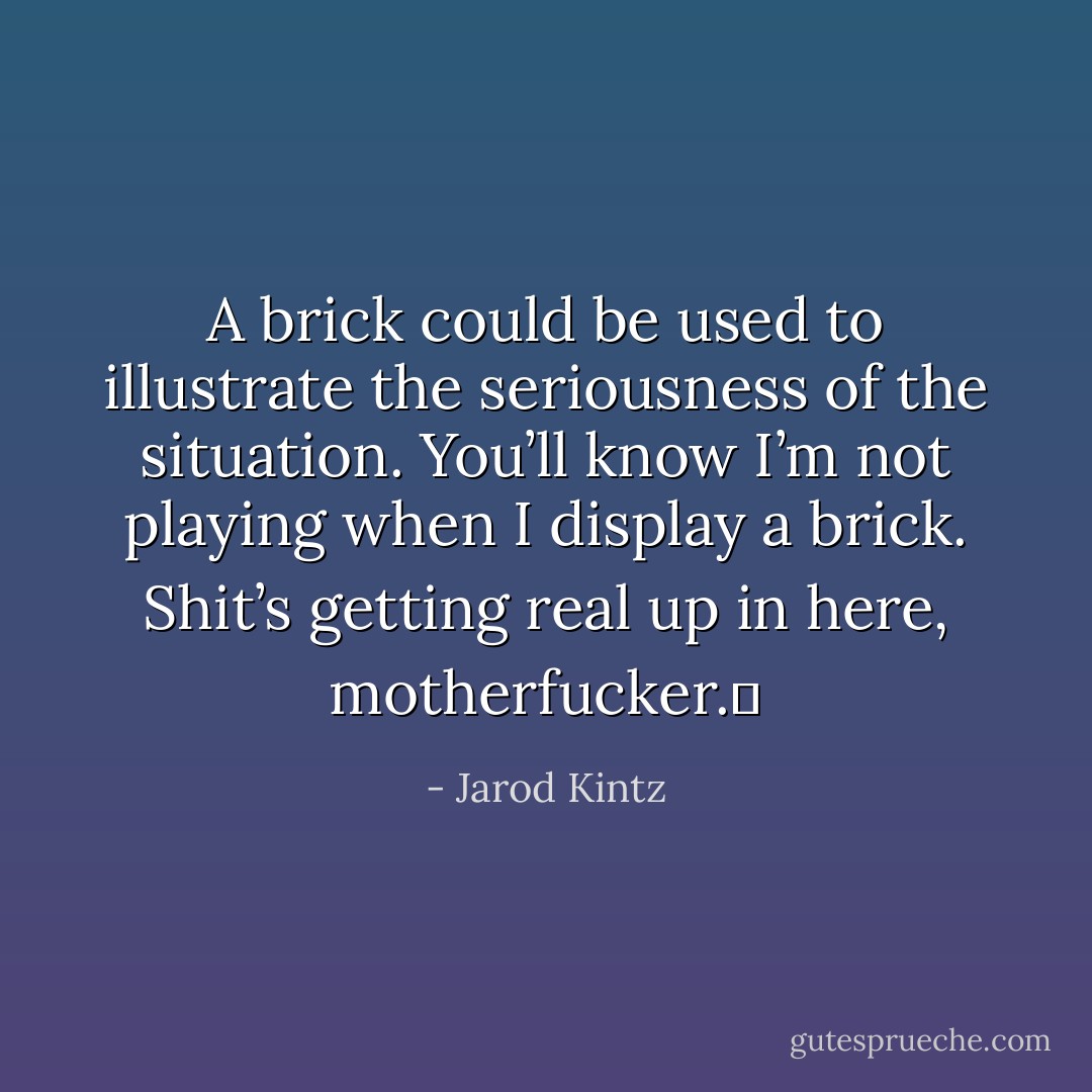 A brick could be used to illustrate the seriousness of the situation. You’ll know I’m not playing when I display a brick. Shit’s getting real up in here, motherfucker.  - Jarod Kintz