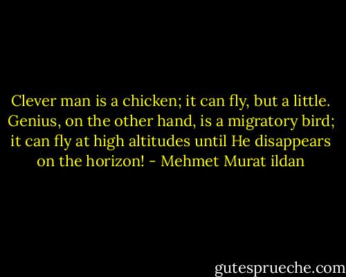 Clever man is a chicken; it can fly, but a little. Genius, on the other hand, is a migratory bird; it can fly at high altitudes until He disappears on the horizon! - Mehmet Murat ildan