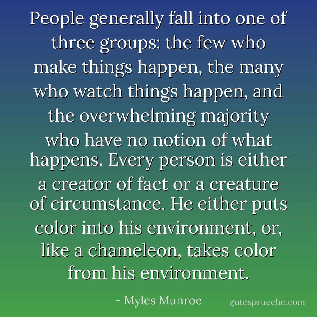 People generally fall into one of three groups: the few who make things happen, the many who watch things happen, and the overwhelming majority who have no notion of what happens. Every person is either a creator of fact or a creature of circumstance. He either puts color into his environment, or, like a chameleon, takes color from his environment. - Myles Munroe