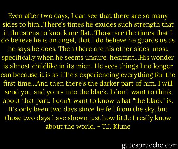 Even after two days, I can see that there are so many sides to him...There's times he exudes such strength that it threatens to knock me flat...Those are the times that I do believe he is an angel, that I do believe he guards us as he says he does. Then there are his other sides, most specifically when he seems unsure, hesitant...His wonder is almost childlike in its mien. He sees things I no longer can because it is as if he's experiencing everything for the first time...And then there's the darker part of him. I will send you and yours into the black. I don't want to think about that part. I don't want to know what "the black" is. It's only been two days since he fell from the sky, but those two days have shown just how little I really know about the world. - T.J. Klune