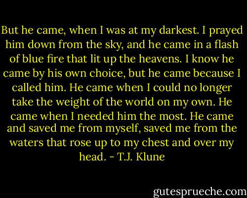 But he came, when I was at my darkest. I prayed him down from the sky, and he came in a flash of blue fire that lit up the heavens. I know he came by his own choice, but he came because I called him. He came when I could no longer take the weight of the world on my own. He came when I needed him the most. He came and saved me from myself, saved me from the waters that rose up to my chest and over my head. - T.J. Klune