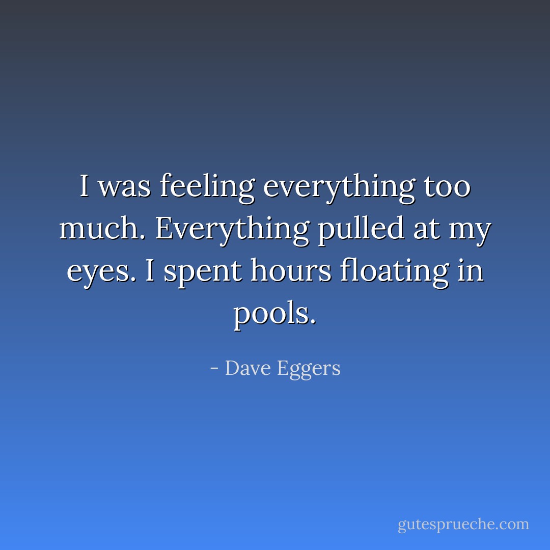 I was feeling everything too much. Everything pulled at my eyes. I spent hours floating in pools. - Dave Eggers