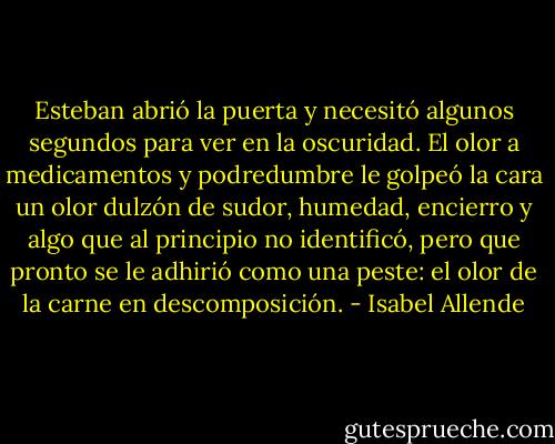 Esteban abrió la puerta y necesitó algunos segundos para ver en la oscuridad. El olor a medicamentos y podredumbre le golpeó la cara un olor dulzón de sudor, humedad, encierro y algo que al principio no identificó, pero que pronto se le adhirió como una peste: el olor de la carne en descomposición. - Isabel Allende