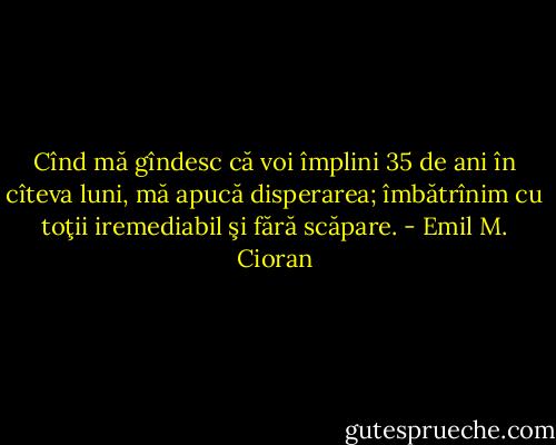 Cînd mă gîndesc că voi împlini 35 de ani în cîteva luni, mă apucă disperarea; îmbătrînim cu toţii iremediabil şi fără scăpare. - Emil M. Cioran