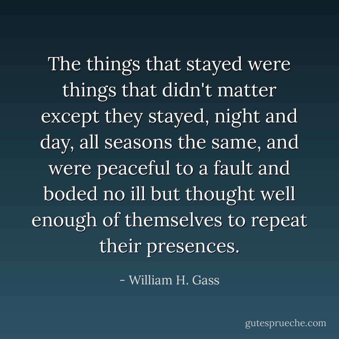 The things that stayed were things that didn't matter except they stayed, night and day, all seasons the same, and were peaceful to a fault and boded no ill but thought well enough of themselves to repeat their presences. - William H. Gass