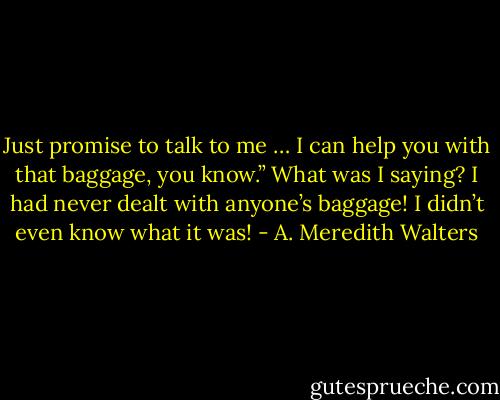 Just promise to talk to me … I can help you with that baggage, you know.” What was I saying? I had never dealt with anyone’s baggage! I didn’t even know what it was! - A. Meredith Walters