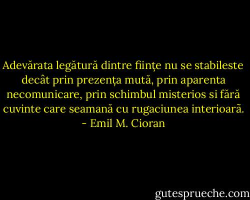 Adevărata legătură dintre ființe nu se stabileste decât prin prezența mută, prin aparenta necomunicare, prin schimbul misterios si fără cuvinte care seamană cu rugaciunea interioarã. - Emil M. Cioran