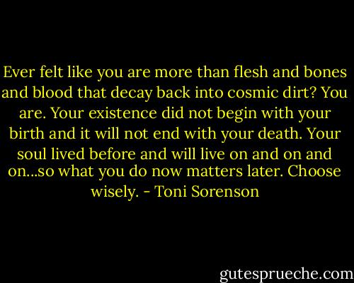 Ever felt like you are more than flesh and bones and blood that decay back into cosmic dirt? You are. Your existence did not begin with your birth and it will not end with your death. Your soul lived before and will live on and on and on...so what you do now matters later. Choose wisely. - Toni Sorenson