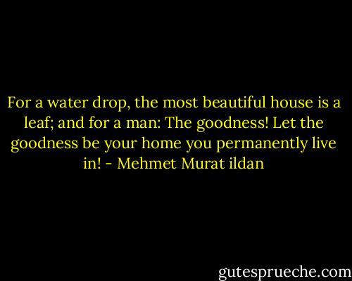 For a water drop, the most beautiful house is a leaf; and for a man: The goodness! Let the goodness be your home you permanently live in! - Mehmet Murat ildan