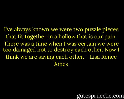 I've always known we were two puzzle pieces that fit together in a hollow that is our pain. There was a time when I was certain we were too damaged not to destroy each other. Now I think we are saving each other. - Lisa Renee Jones