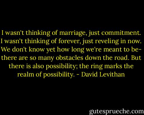 I wasn't thinking of marriage, just commitment.<br />I wasn't thinking of forever, just reveling in now.<br />We don't know yet how long we're meant to be-<br />there are so many obstacles down the road.<br />But there is also possibility; the ring marks the realm of possibility. - David Levithan