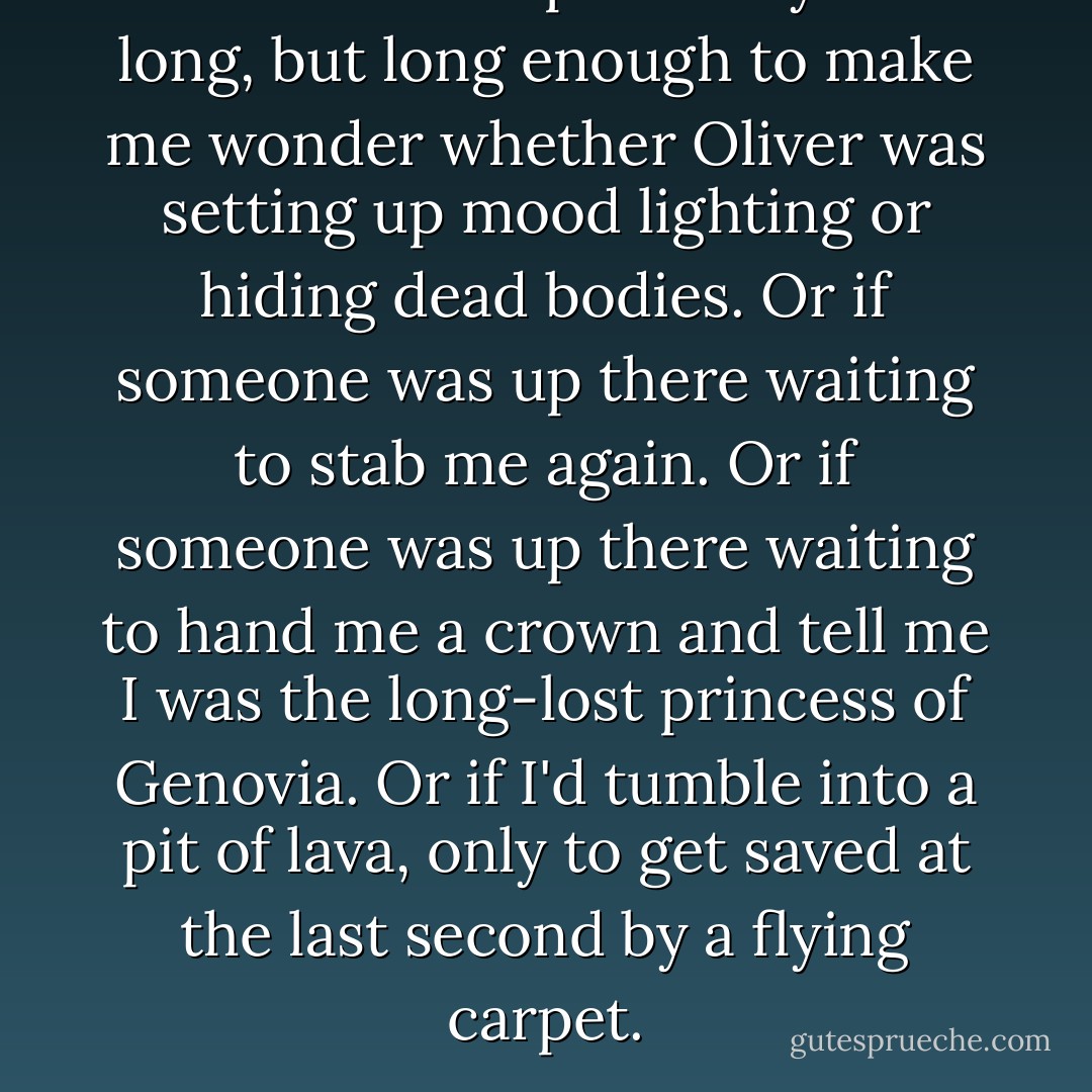 A minute or so passed by--not long, but long enough to make me wonder whether Oliver was setting up mood lighting or hiding dead bodies. Or if someone was up there waiting to stab me again. Or if someone was up there waiting to hand me a crown and tell me I was the long-lost princess of Genovia. Or if I'd tumble into a pit of lava, only to get saved at the last second by a flying carpet. - Lindsay Ribar