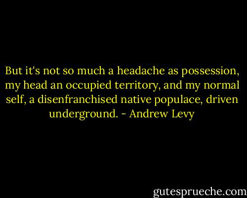 But it's not so much a headache as possession, my head an occupied territory, and my normal self, a disenfranchised native populace, driven underground. - Andrew Levy