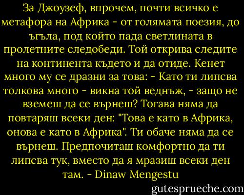 За Джоузеф, впрочем, почти всичко е метафора на Африка - от голямата поезия, до ъгъла, под който пада светлината в пролетните следобеди. Той открива следите на континента където и да отиде. Кенет много му се дразни за това:<br />- Като ти липсва толкова много - викна той веднъж, - защо не вземеш да се върнеш? Тогава няма да повтаряш всеки ден: "Това е като в Африка, онова е като в Африка". Ти обаче няма да се върнеш. Предпочиташ комфортно да ти липсва тук, вместо да я мразиш всеки ден там. - Dinaw Mengestu
