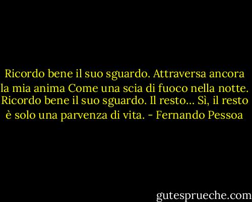 Ricordo bene il suo sguardo.<br />Attraversa ancora la mia anima<br />Come una scia di fuoco nella notte.<br />Ricordo bene il suo sguardo. Il resto…<br />Sì, il resto è solo una parvenza di vita. - Fernando Pessoa
