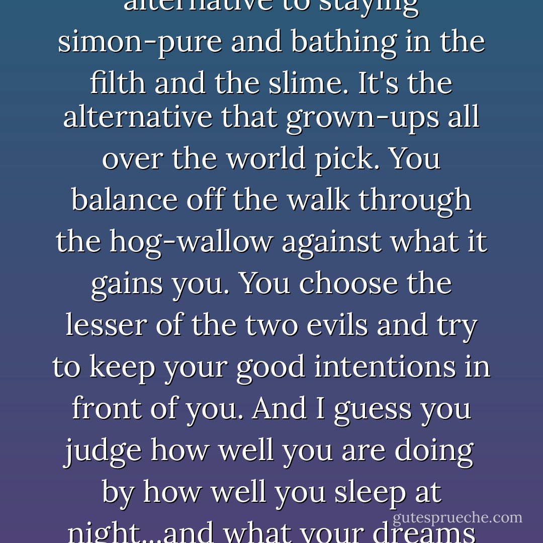 Because guys like us, Red, we know there's a third choice. An alternative to staying simon-pure and bathing in the filth and the slime. It's the alternative that grown-ups all over the world pick. You balance off the walk through the hog-wallow against what it gains you. You choose the lesser of the two evils and try to keep your good intentions in front of you. And I guess you judge how well you are doing by how well you sleep at night...and what your dreams are like. - Stephen         King