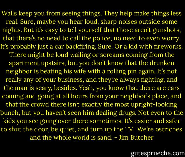 Walls keep you from seeing things. They help make things less real. Sure, maybe you hear loud, sharp noises outside some nights. But it’s easy to tell yourself that those aren’t gunshots, that there’s no need to call the police, no need to even worry. It’s probably just a car backfiring. Sure. Or a kid with fireworks. There might be loud wailing or screams coming from the apartment upstairs, but you don’t know that the drunken neighbor is beating his wife with a rolling pin again. It’s not really any of your business, and they’re always fighting, and the man is scary, besides. Yeah, you know that there are cars coming and going at all hours from your neighbor’s place, and that the crowd there isn’t exactly the most upright-looking bunch, but you haven’t seen him dealing drugs. Not even to the kids you see going over there sometimes. It’s easier and safer to shut the door, be quiet, and turn up the TV.<br /><br />We’re ostriches and the whole world is sand. - Jim Butcher