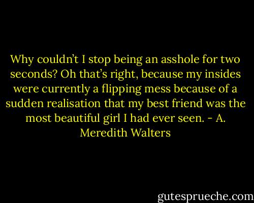 Why couldn’t I stop being an asshole for two seconds? Oh that’s right, because my insides were currently a flipping mess because of a sudden realisation that my best friend was the most beautiful girl I had ever seen. - A. Meredith Walters