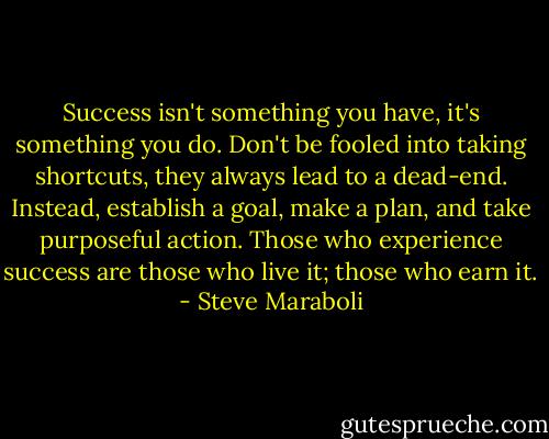 Success isn't something you have, it's something you do. Don't be fooled into taking shortcuts, they always lead to a dead-end. Instead, establish a goal, make a plan, and take purposeful action. Those who experience success are those who live it; those who earn it. - Steve Maraboli