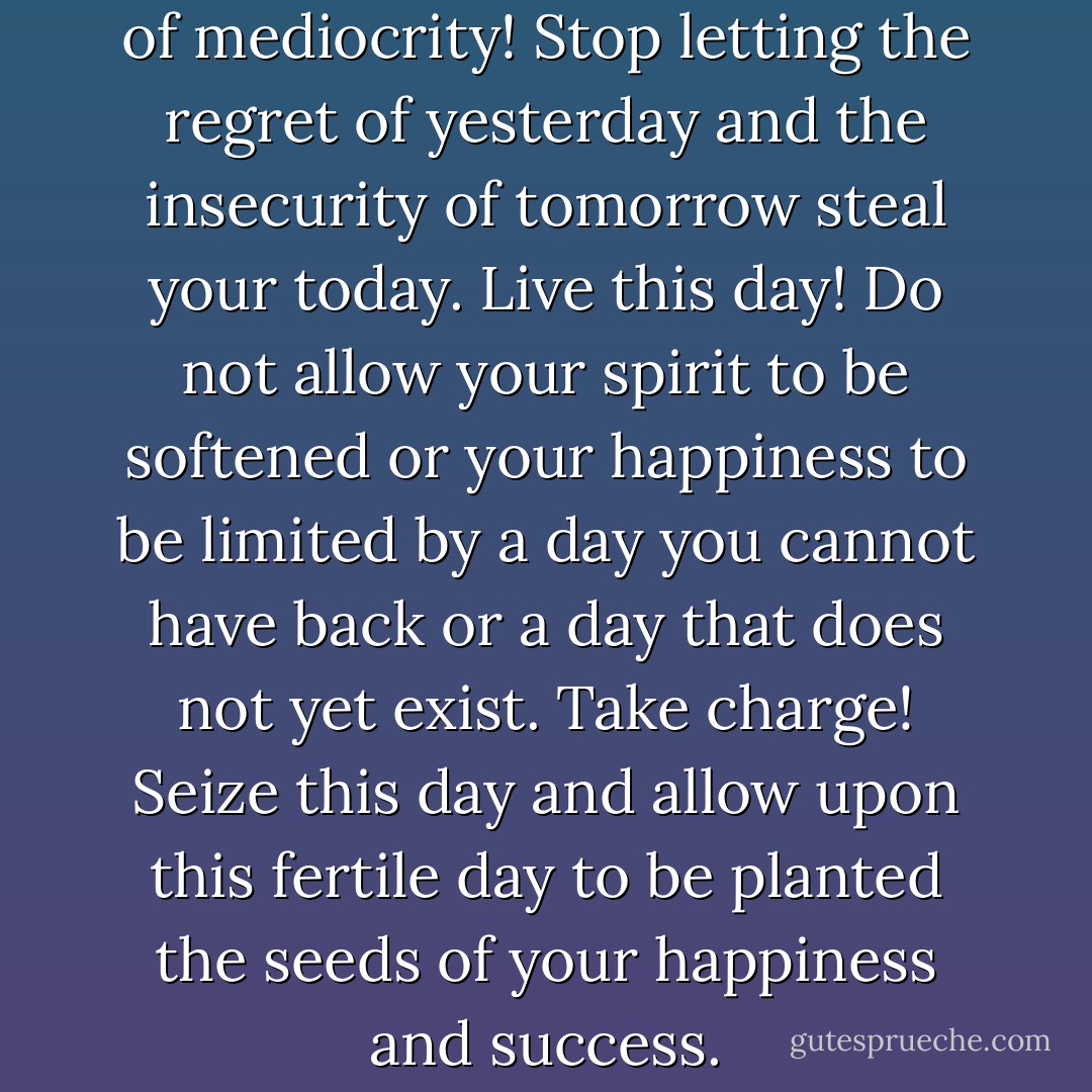 You were not meant for a life of mediocrity! Stop letting the regret of yesterday and the insecurity of tomorrow steal your today. Live this day! Do not allow your spirit to be softened or your happiness to be limited by a day you cannot have back or a day that does not yet exist. Take charge! Seize this day and allow upon this fertile day to be planted the seeds of your happiness and success. - Steve Maraboli