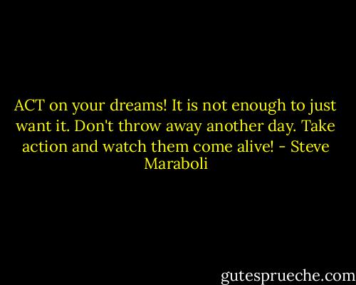 ACT on your dreams! It is not enough to just want it. Don't throw away another day. Take action and watch them come alive! - Steve Maraboli