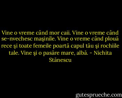 Vine o vreme când mor caii.<br />Vine o vreme când se-nvechesc maşinile.<br />Vine o vreme când plouă rece<br />şi toate femeile poartă capul tău<br />şi rochiile tale.<br />Vine şi o pasăre mare, albă. - Nichita Stănescu