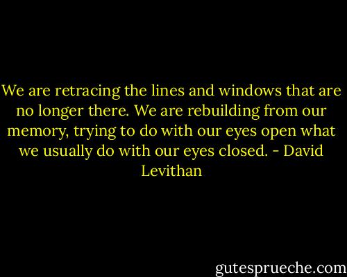 We are retracing the lines and windows that are no longer there. We are rebuilding from our memory, trying to do with our eyes open what we usually do with our eyes closed. - David Levithan