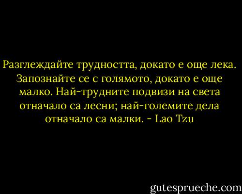 Разглеждайте трудността, докато е още лека. Запознайте се с голямото, докато е още малко. Най-трудните подвизи на света отначало са лесни; най-големите дела отначало са малки. - Lao Tzu