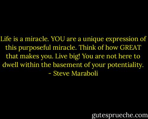 Life is a miracle. YOU are a unique expression of this purposeful miracle. Think of how GREAT that makes you. Live big! You are not here to dwell within the basement of your potentiality. - Steve Maraboli