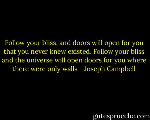 Follow your bliss, and doors will open for you that you never knew existed. Follow your bliss and the universe will open doors for you where there were only walls - Joseph Campbell