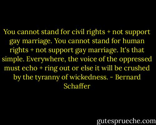 You cannot stand for civil rights + not support gay marriage. You cannot stand for human rights + not support gay marriage. It's that simple.<br />Everywhere, the voice of the oppressed must echo + ring out or else it will be crushed by the tyranny of wickedness. - Bernard Schaffer