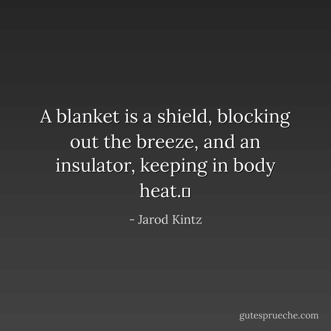 A blanket is a shield, blocking out the breeze, and an insulator, keeping in body heat.  - Jarod Kintz