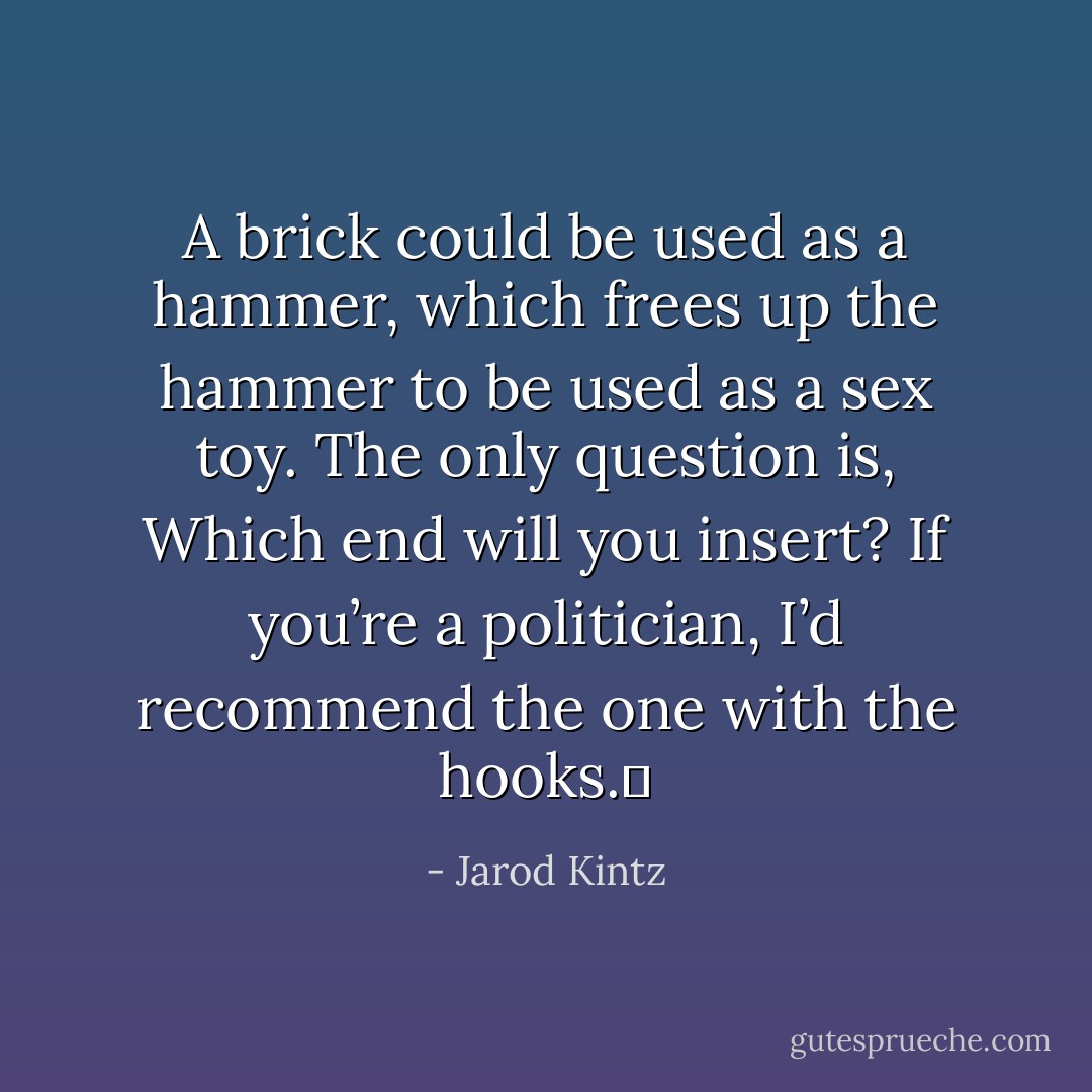 A brick could be used as a hammer, which frees up the hammer to be used as a sex toy. The only question is, Which end will you insert? If you’re a politician, I’d recommend the one with the hooks.  - Jarod Kintz