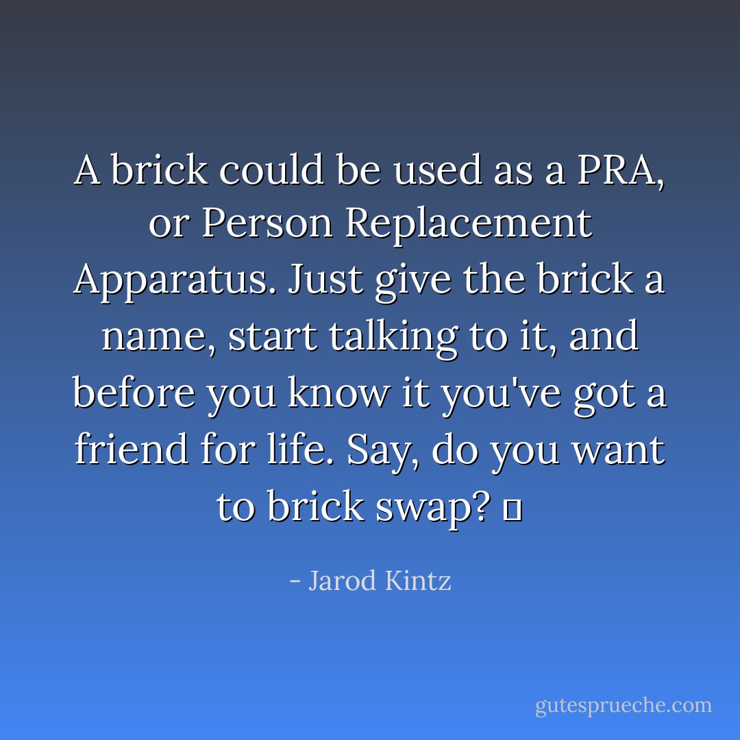 A brick could be used as a PRA, or Person Replacement Apparatus. Just give the brick a name, start talking to it, and before you know it you've got a friend for life. Say, do you want to brick swap?   - Jarod Kintz