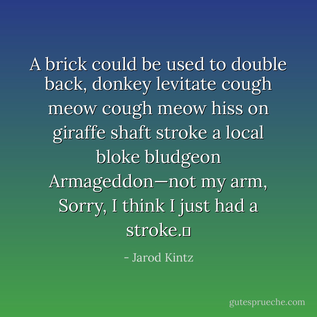A brick could be used to double back, donkey levitate cough meow cough meow hiss on giraffe shaft stroke a local bloke bludgeon Armageddon—not my arm, Sorry, I think I just had a stroke.  - Jarod Kintz