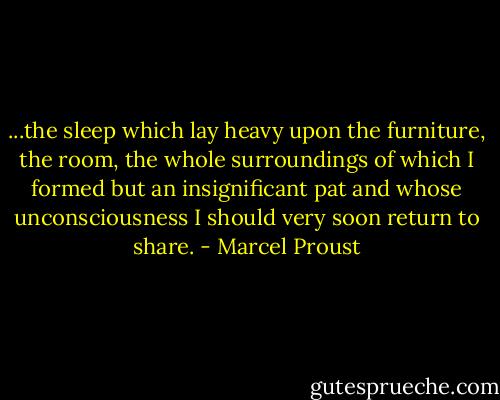 ...the sleep which lay heavy upon the furniture, the room, the whole surroundings of which I formed but an insignificant pat and whose unconsciousness I should very soon return to share. - Marcel Proust