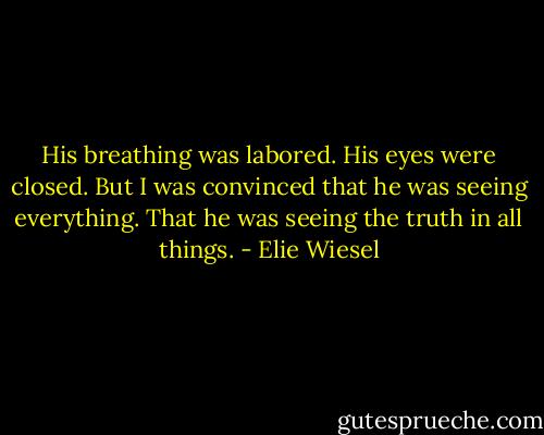 His breathing was labored. His eyes were closed. But I was convinced that he was seeing everything. That he was seeing the truth in all things. - Elie Wiesel