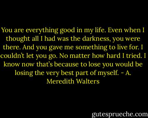You are everything good in my life. Even when I thought all I had was the darkness, you were there. And you gave me something to live for. I couldn’t let you go. No matter how hard I tried. I know now that’s because to lose you would be losing the very best part of myself. - A. Meredith Walters