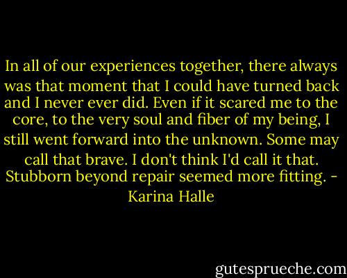 In all of our experiences together, there always was that moment that I could have turned back and I never ever did. Even if it scared me to the core, to the very soul and fiber of my being, I still went forward into the unknown. Some may call that brave. I don't think I'd call it that. Stubborn beyond repair seemed more fitting. - Karina Halle