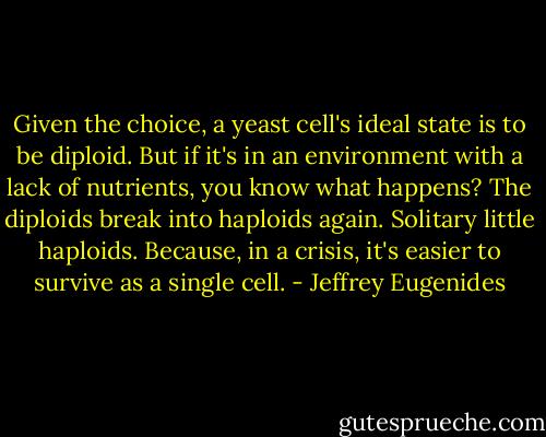 Given the choice, a yeast cell's ideal state is to be diploid. But if it's in an environment with a lack of nutrients, you know what happens?<br />The diploids break into haploids again. Solitary little haploids. Because, in a crisis, it's easier to survive as a single cell. - Jeffrey Eugenides