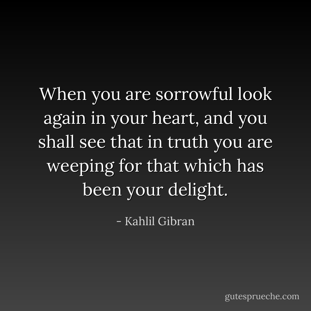 When you are sorrowful look again in your heart, and you shall see that in truth you are weeping for that which has been your delight. - Kahlil Gibran