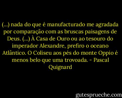 (…) nada do que é manufacturado me agradada por comparação com as bruscas paisagens de Deus. (…) À Casa de Ouro ou ao tesouro do imperador Alexandre, prefiro o oceano Atlântico. O Coliseu aos pés do monte Oppio é menos belo que uma trovoada. - Pascal Quignard