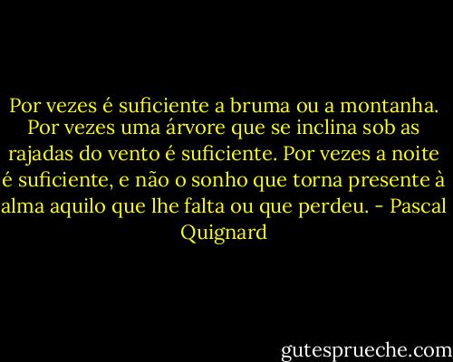 Por vezes é suficiente a bruma ou a montanha. Por vezes uma árvore que se inclina sob as rajadas do vento é suficiente. Por vezes a noite é suficiente, e não o sonho que torna presente à alma aquilo que lhe falta ou que perdeu. - Pascal Quignard