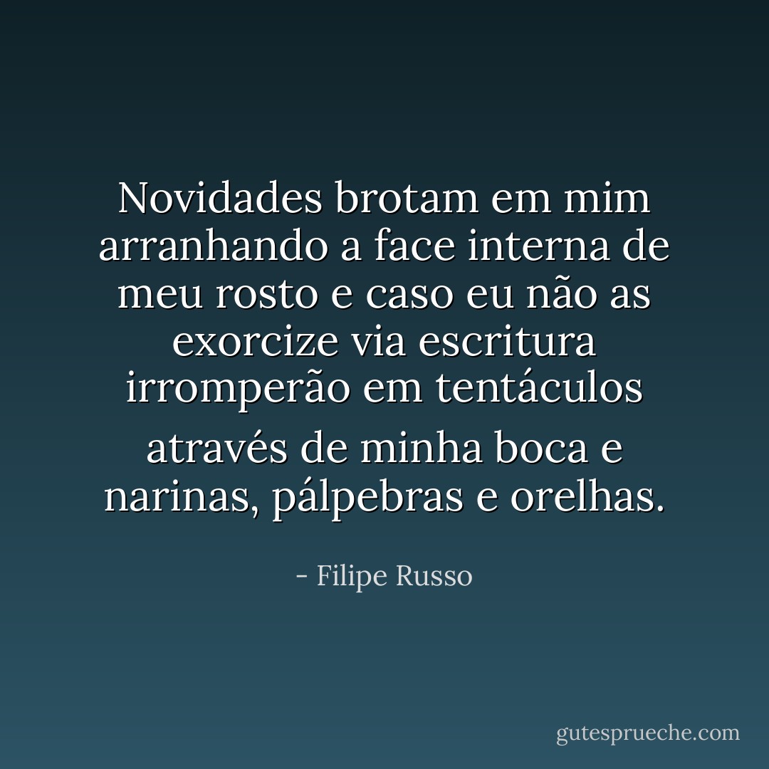 Novidades brotam em mim arranhando a face interna de meu rosto e caso eu não as exorcize via escritura irromperão em tentáculos através de minha boca e narinas, pálpebras e orelhas. - Filipe Russo